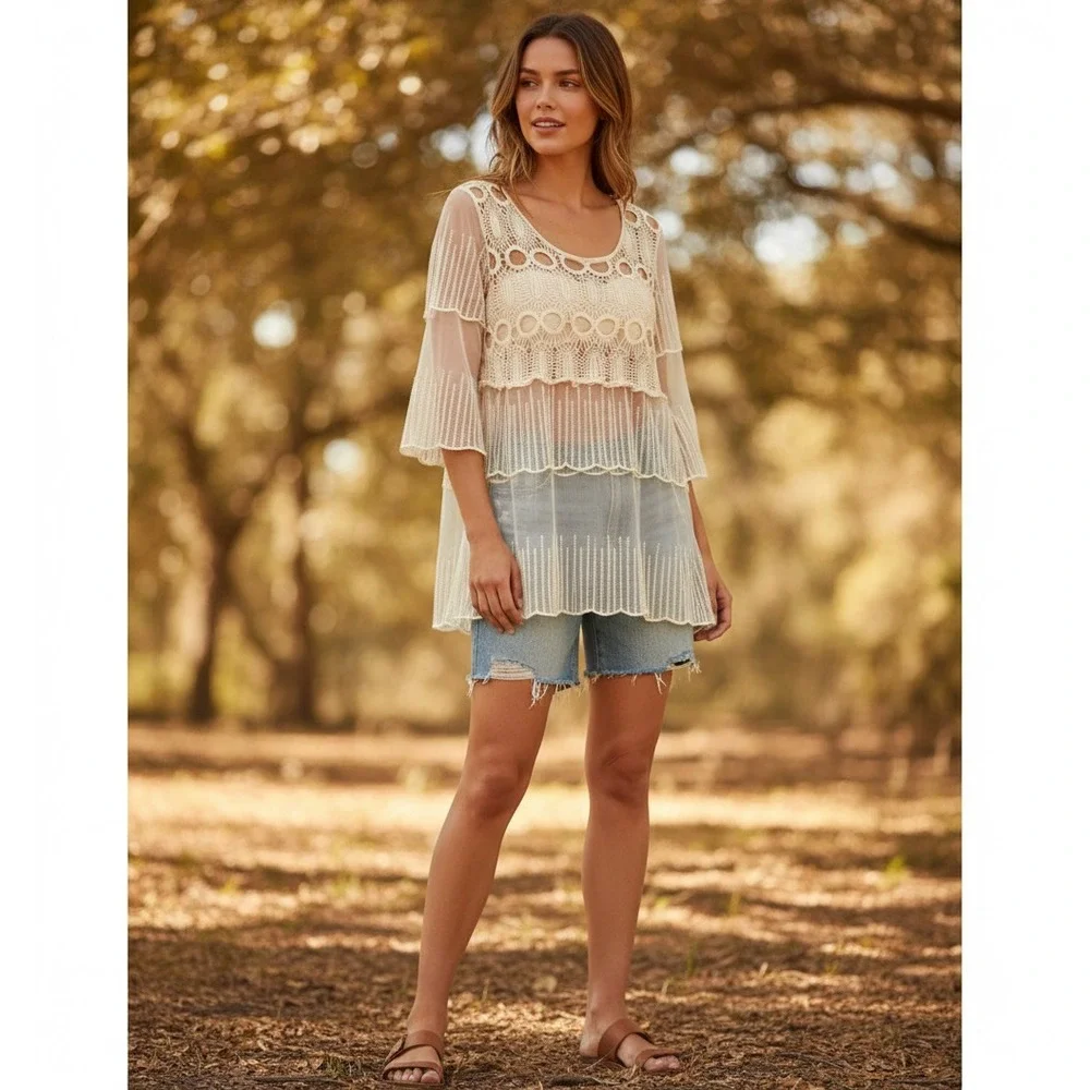 Sheer Bohemian Crochet Lace Tunic Top Women M Ivory Festival Boho Chic Whimsical